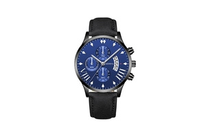 Detail view of a men's business watch with a blue dial, triple sub-dials, and black leather strap