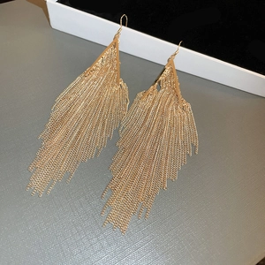Golden geometric fringe earrings with long metal chain tassels and triangular studs