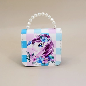 Kids unicorn handbag with pearl handle and blue pink checkered pattern crossbody bag