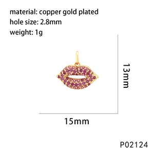 Detailed size specifications for a lip-shaped copper gold plated pendant with zircon