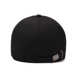 Rear view of black winter baseball cap for men featuring adjustable metal buckle