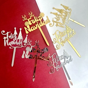 Décoration Gâteau Noël Espagnol Feliz Navidad Acrylique Miroir Renne Flocon Arbre Design Fête Déco Topper