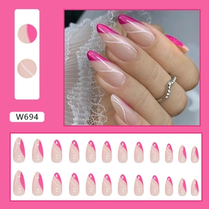 Pink French almond press-on nails with white wave patterns in a 24-piece professional set