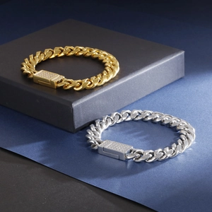 Bracelets à mailles cubaines punk en or et argent avec fermoir serti de diamants