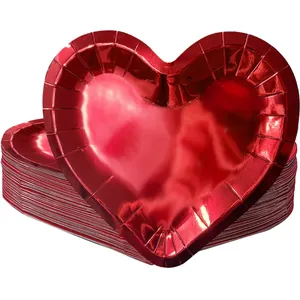 Red heart-shaped paper plates with metallic finish for Valentine's Day party tableware