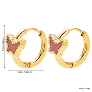 Detailed view of gold stainless steel hoop earrings with red enamel butterfly charms and size info