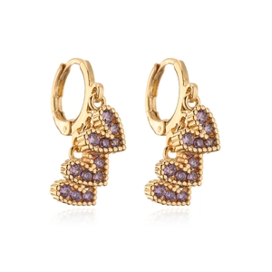 18K gold plated copper earrings featuring cascading purple zircon heart-shaped pendants
