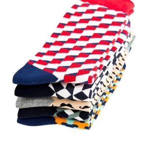 Colorful patterned cotton crew socks for winter featuring vibrant geometric and plaid designs