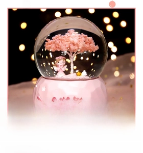 Detail of pink sakura crystal ball with 360 rotation and meticulous hand carvings