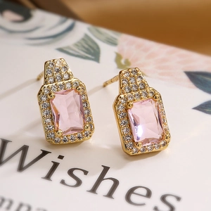 Exquisite gold-plated square pink gemstone earrings with sparkling zircon halo detail
