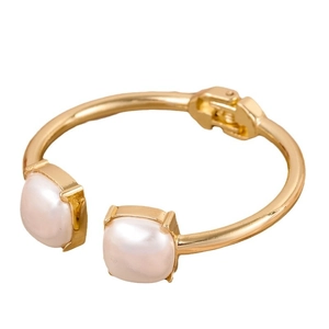 Elegant gold hinged open cuff bracelet featuring two square white imitation pearls
