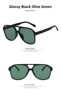 Detail view of retro double bridge sunglasses with black frames and olive green lenses