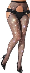 Close-up of black fishnet tights with sparkly rhinestones and sexy cut-out waist detail
