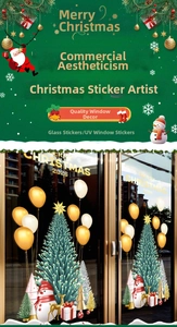 Details von Weihnachtsfensteraufklebern mit goldenem Ballonbaum und Schneemann-Dekor