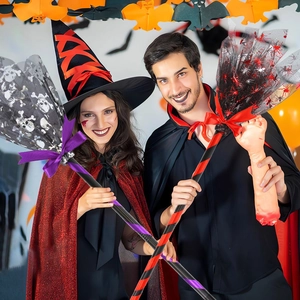 Halloween witch broomsticks with skeletons and purple bows for kids cosplay costumes