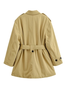 Back view of khaki trench coat featuring shoulder epaulettes and adjustable waist belt