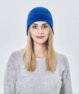 Blue fleece cycling cap detail showing the thermal fabric fit on model for winter sports