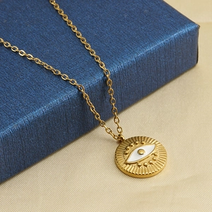 Evil Eye Necklace 18K Gold Plated Stainless Steel Round Pendant White Enamel Fashion Jewelry For Women Simple Aesthetic