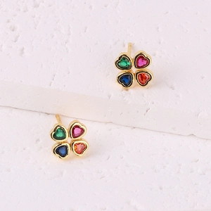 Four-leaf clover stud earrings with 18K gold base and colorful zircon gemstones