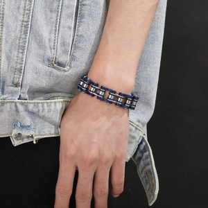 Hip hop style titanium steel biker chain bracelet in silver and blue for men