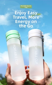 Detail of frosted sports water bottles with portable straps held against a sunny blue sky