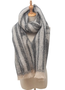 Detail of grey and beige striped knit scarf with frayed edges and soft texture
