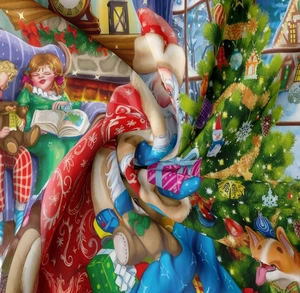 Detail eines Weihnachtswandteppichs mit festlichen Motiven und glatter Textur