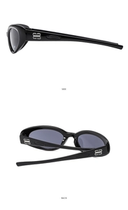 Side and back view of Y2K sports sunglasses with black frames and metal logo details