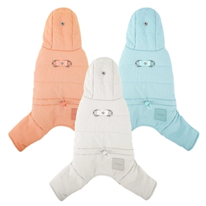 Thick winter dog coat with hood and leash D-ring in orange, grey, and blue colors