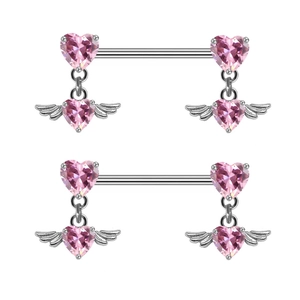 Piercing téton coeur rose avec ailes d'ange pendantes en acier inoxydable argent