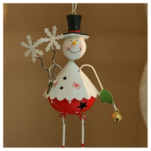 Detail of metal snowman hanging ornament with snowflake decor and small bell for Christmas