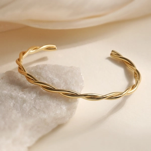 Minimalist 18K gold plated stainless steel twisted rope C-shaped open cuff bracelet