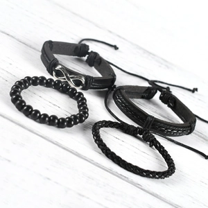 Set di 4 braccialetti in pelle nera con simbolo dell'infinito e perline su legno