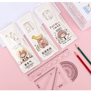 Detail view of 20cm cute cartoon stationery set with ruler, triangle and protractor