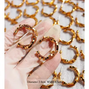 Vintage Brass C-Shaped Hoop Earrings For Women Real Gold Plated With 925 Sterling Silver Post Geometric Cube Beaded Punk Jewelry