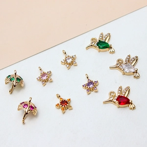 DIY Copper Gold Plated Bird Star Umbrella Charm Pendant Rhinestone For Jewelry Making Necklace Bracelet Earring Accessories