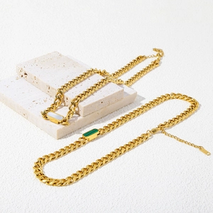 18K gold plated Cuban chain necklace with white shell and green malachite inlays