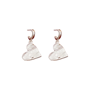 Silver textured heart pendant C-shape earrings for women with irregular metal surface