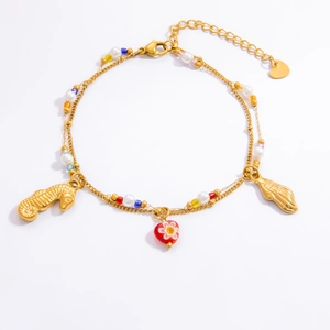Double-layer 18k gold plated stainless steel bracelet with seashell and seahorse charms