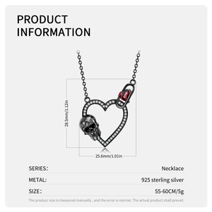 Gothic 925 sterling silver black heart necklace with skull and red gemstone pendant