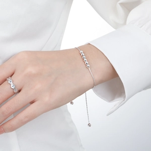 Bracelet à billes en argent sterling S925 et bague ondulée pavée de cristaux brillants