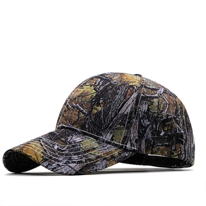Outdoor camouflage baseball cap with curved brim and contrast white stitching details