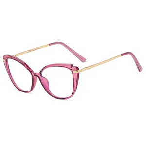 Women's cat-eye anti-blue light glasses with purple frame and gold metal temples