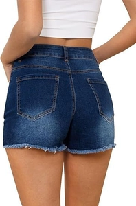 Detail view of high waist denim shorts with frayed edges and distressed hem on back side