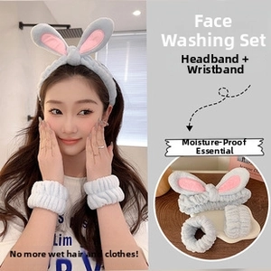 Microfiber rabbit ear headband and wristbands set for washing face in light blue