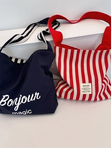Canvas Tote Bag Striped Single Shoulder Bag With Lace Bow French Chic Large Capacity Shopping Handbag For Women Casual