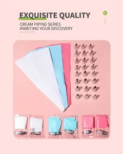 Detailed set of 24 stainless steel icing tips with 3 colorful reusable piping bags