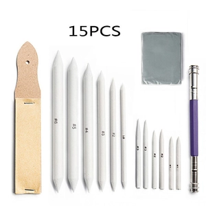 Detailed 15-piece sketching tool set with paper blenders, sandpaper, and pencil extender