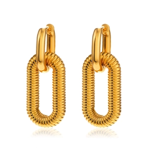 Elegant 18K gold-plated geometric oval drop earrings with polished spiral texture