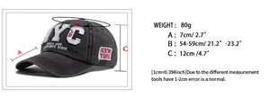 Guide des tailles détaillé pour casquette NYC en coton lavé vintage avec dimensions